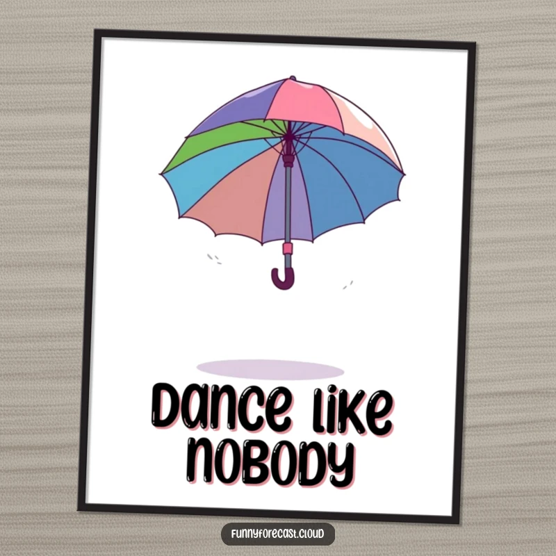 Funny dancing umbrella comically spinning out of control in a gentle breeze, lively and humorous digital art.