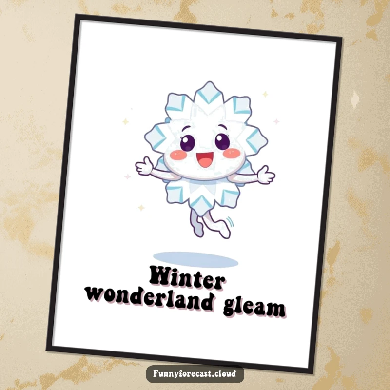 Funny digital art print of a happy snowflake character doing a joyful twirl, leaving a trail of sparkles, ready to frame.