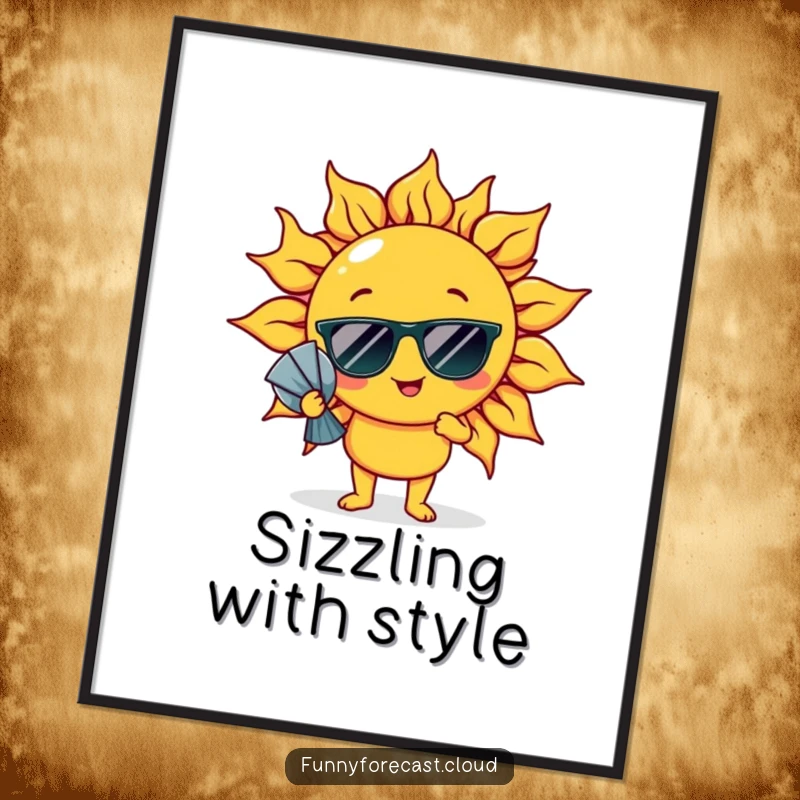 Funny Digital Art: A sun character in sunglasses comically fanning itself, printable decor.