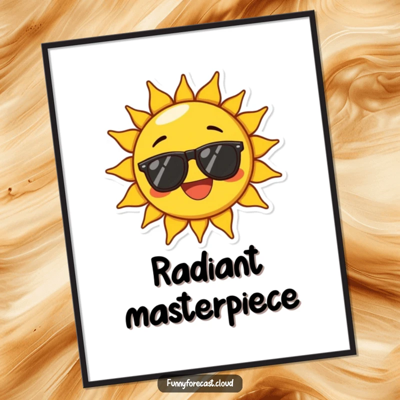 Funny digital art of a sun character wearing sunglasses, beaming with exaggerated joy, perfect for cheerful and happy wall decor.