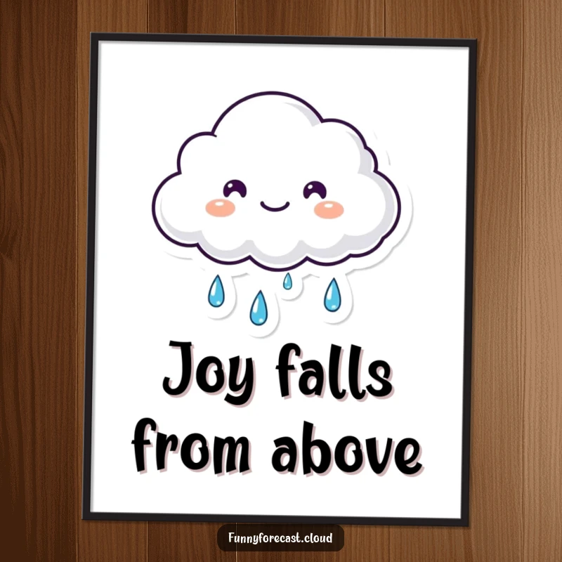 Funny small fluffy kawaii cloud shedding happy tears of rain on this digital art print, an instantly cute funny gift.