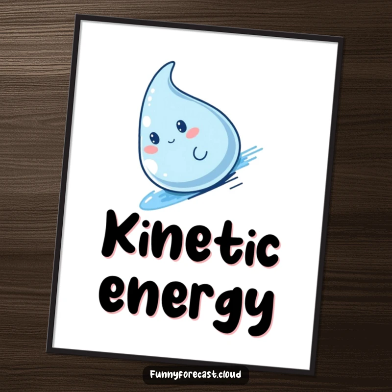 Funny kawaii raindrop character sliding rapidly, a humorous and dynamic digital art print.