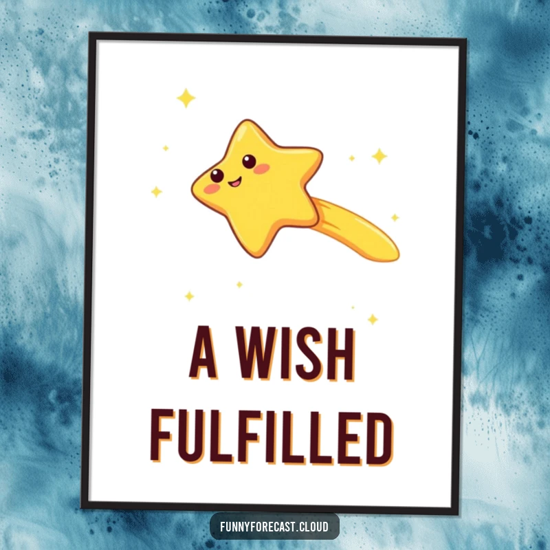 Funny kawaii shooting star character digital art print, zooming with a trailing giggle, whimsical and humorous illustration, instant download.