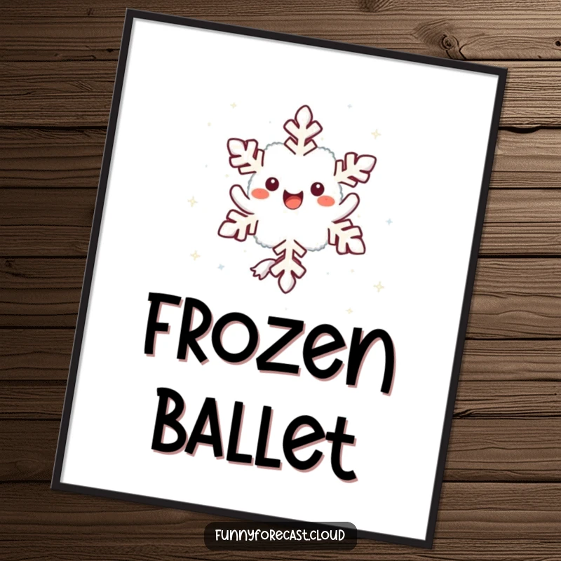 Funny kawaii snowflake character twirling joyfully, a humorous and enchanting digital art print.