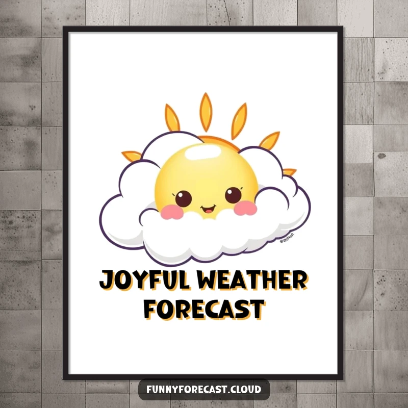 Funny kawaii sun peeking out from behind a swirling, giggling wind cloud, humorous digital art print.