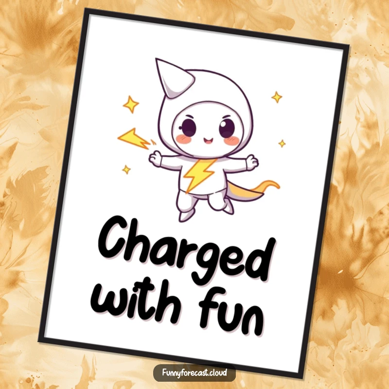 Funny lightning bolt character zipping with a playful streak, a high-resolution digital art print for dynamic decor.