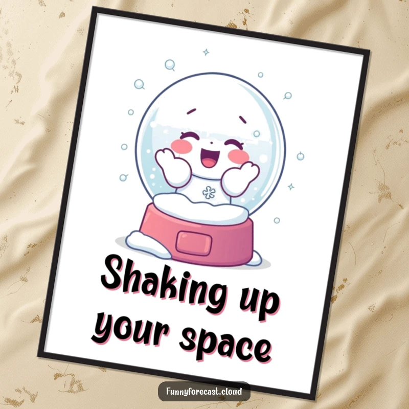 Funny digital art print of a snow globe character energetically shaking itself, releasing a swirl of snowflakes with pure frosty glee.