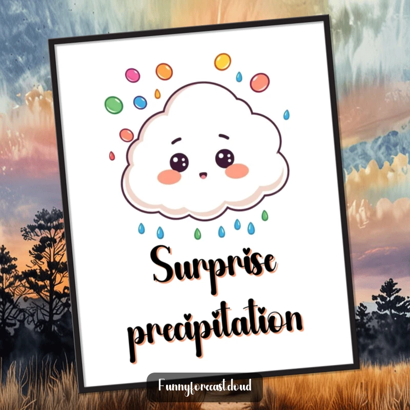 Funny digital art print of a cute cloud character, surprised expression, juggling colorful raindrops, depicting playful weather.