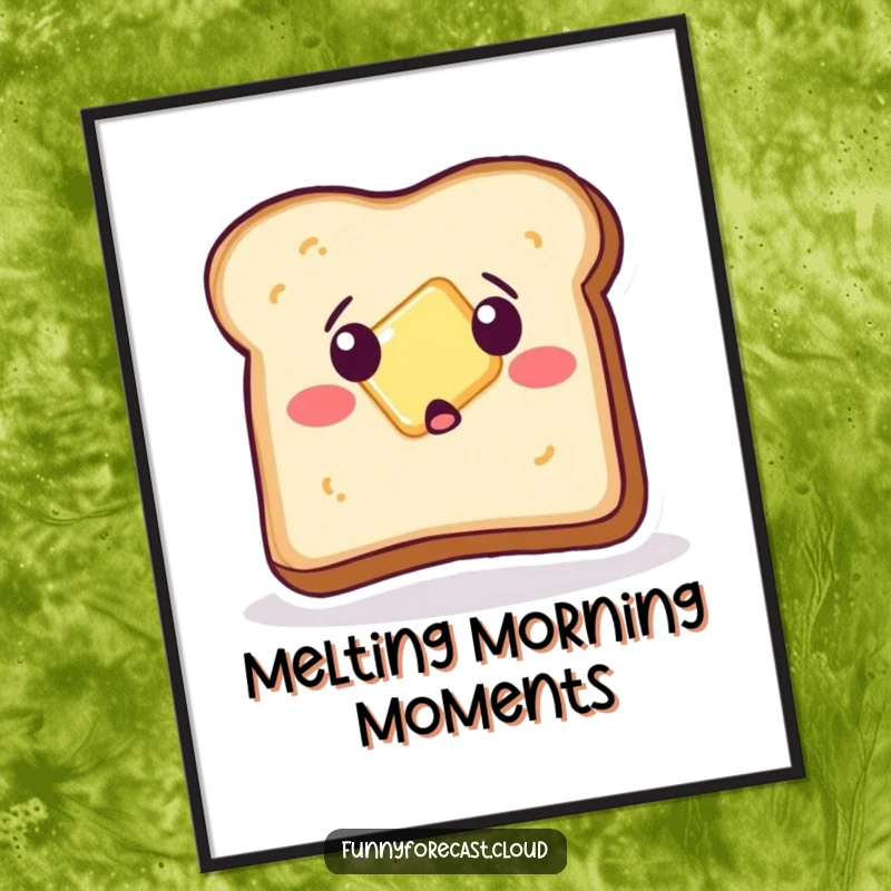 Funny Digital Art: A sentient piece of toast looking comically surprised as butter slides off its surface.