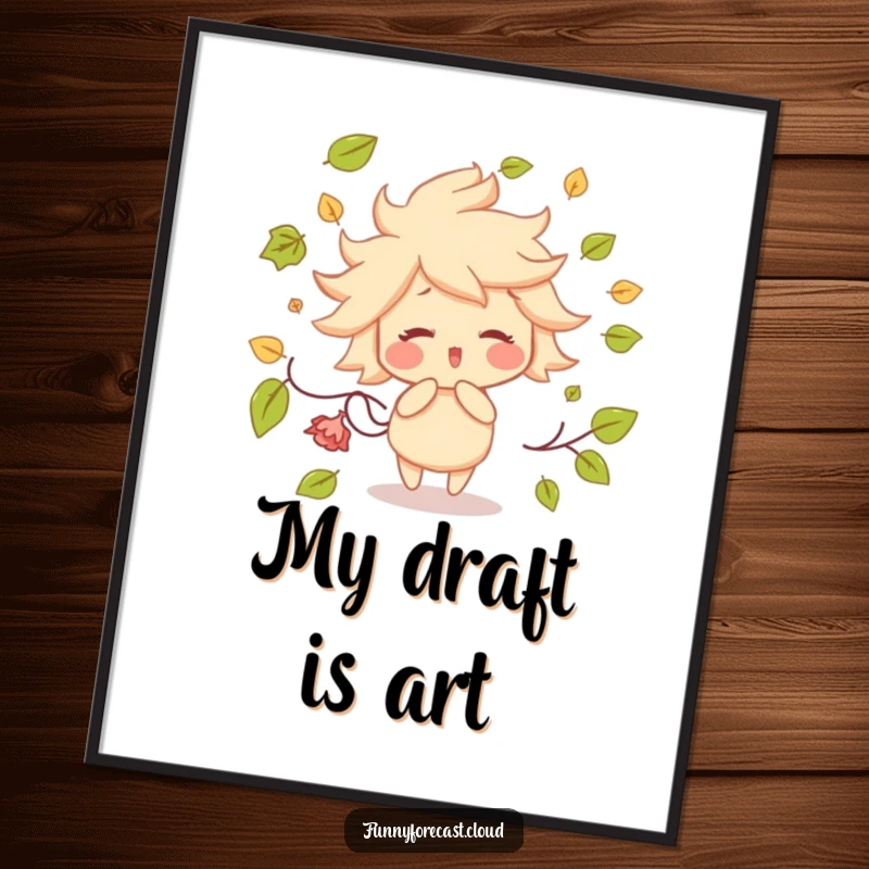 Funny digital art print of a rosy-cheeked wind character artistically blowing a playful gust of colorful autumn leaves.