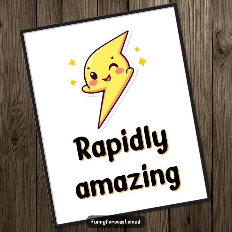 Funny digital art print of a lightning bolt character zipping across with a wink, perfect for adding instant energetic and humorous decor.