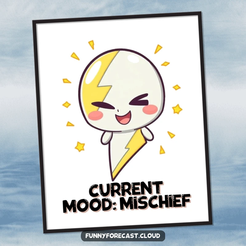 Funny Digital Art: A lightning bolt character winking with crackling energy, printable decor.