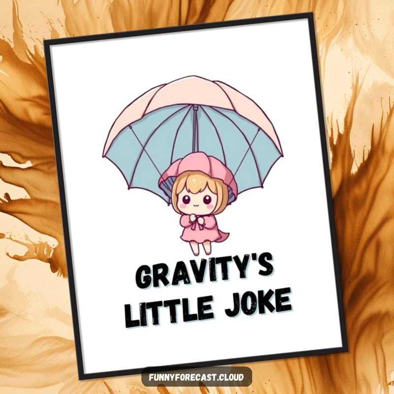 Funny Kawaii Parachute Digital Art Print of a character using an umbrella as a parachute, ideal for digital decoration.