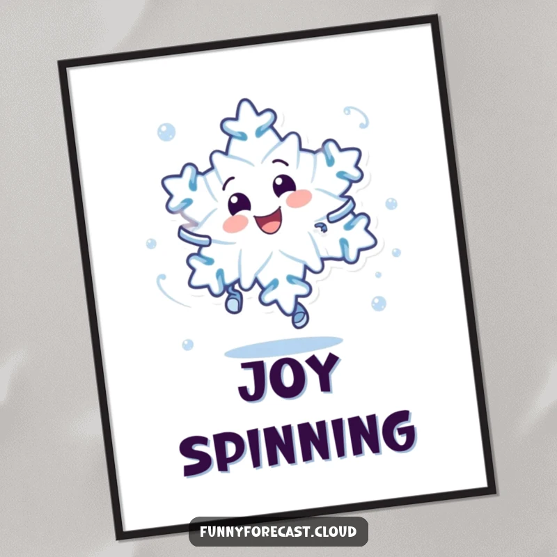 Funny digital art print of a delighted snowflake character in a dynamic, dizzy spin, ideal for instant wall decor.