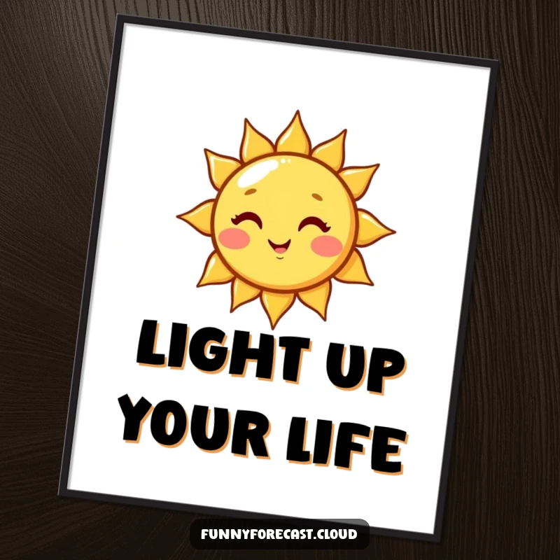 Funny cute kawaii sun character winking, casting a beam of light. A humorous digital art print for instant cheer.