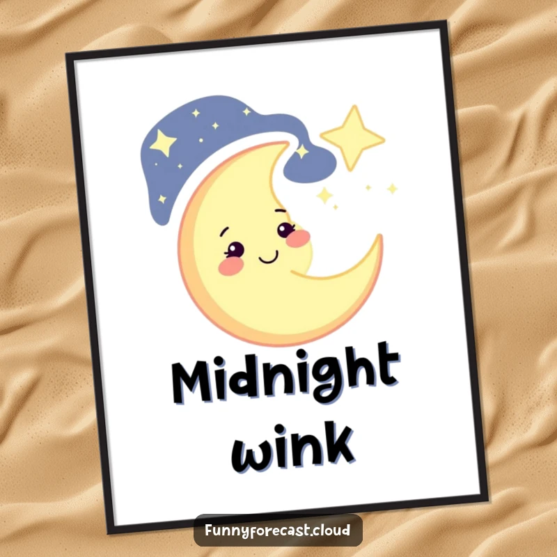 Funny winking crescent moon digital art print, ready to download and frame, showcasing celestial charm and humor, a funny gift.