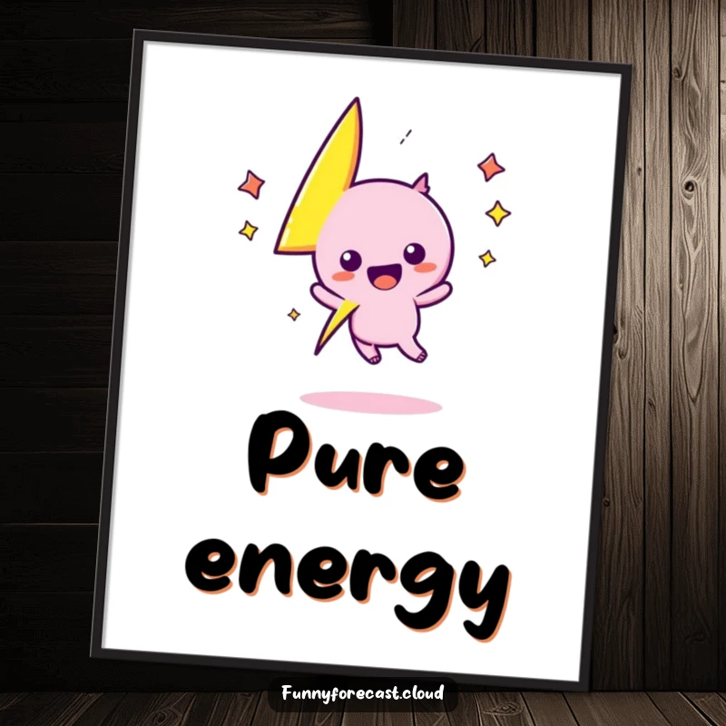Funny kawaii lightning bolt character zigs and zags with vivid excitement on this digital art print, an instant funny gift.