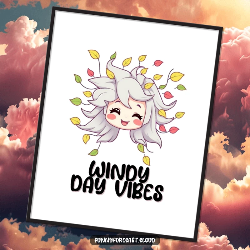 Funny digital art print of a smiling wind character creating a vibrant, swirling cascade of playful leaves, ready to frame.