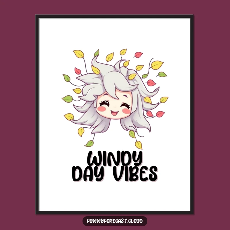 Funny Digital Art Print: Smiling Wind Character's Leafy Cascade for Instant Joyful Decor
