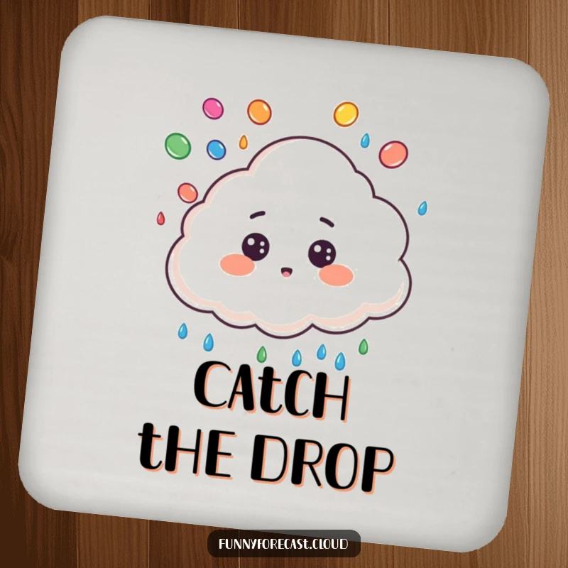 Funny coaster with a cute cloud character, surprised expression, juggling colorful raindrops, protecting surfaces humorously.