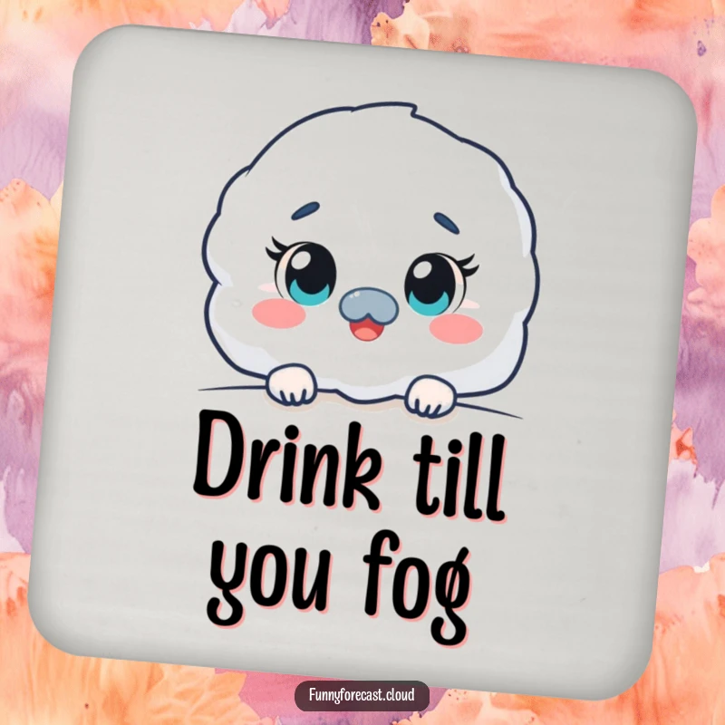 Funny kawaii fog character coasters, peeking out with curious eyes, mysterious and humorous table protection.