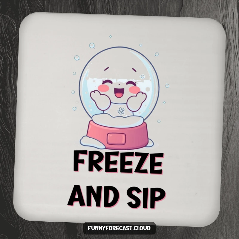 Funny drink coaster with a snow globe character shaking, creating a swirl of snowflakes with frosty glee, designed for stylish protection.