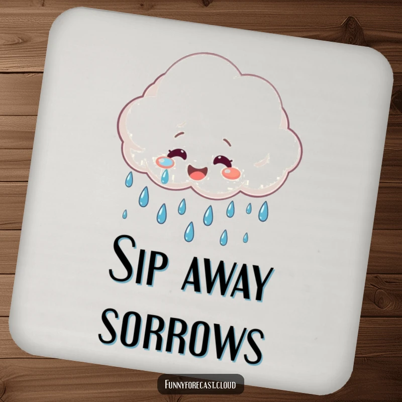 Funny Coaster: A smiling rain cloud crying cheerful raindrops, protecting surfaces with humor.