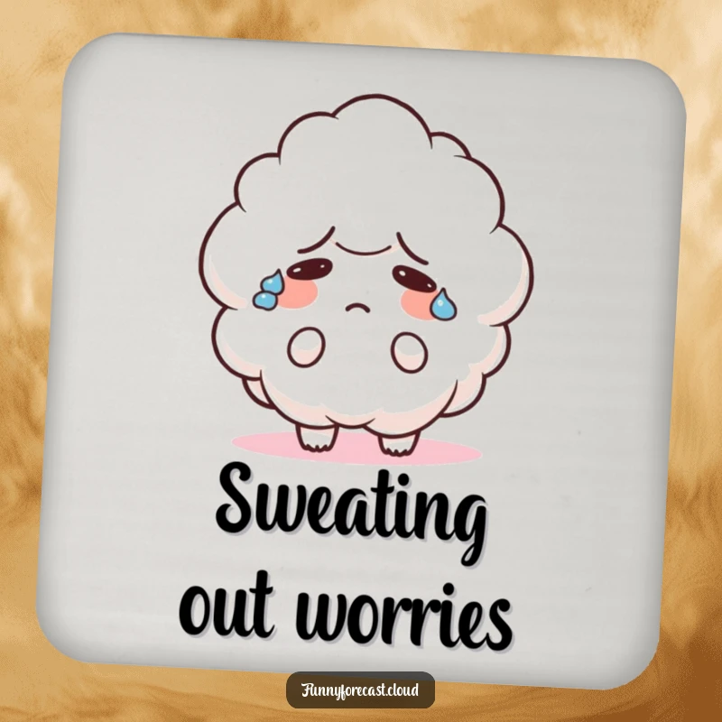 Funny drink coaster featuring a cute cloud character sweating heavily and looking confused, perfect for protecting surfaces with humor.