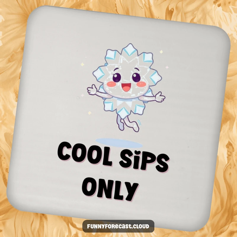 Funny drink coasters featuring a happy snowflake character doing a joyful twirl, leaving a trail of sparkles, adding charm to any table.
