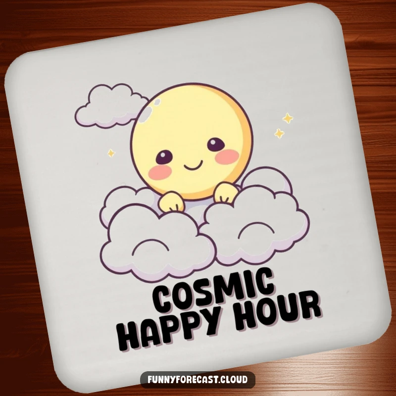 Funny Coasters: A happy moon character peeking from behind fluffy clouds, adding celestial charm to surface protection.