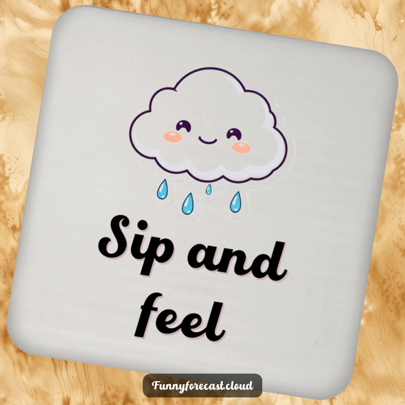Funny small fluffy kawaii cloud shedding happy tears of rain on this cute coaster, a lovely funny gift.
