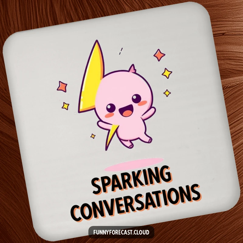 Funny kawaii lightning bolt character zigs and zags with tabletop excitement on this protective coaster, a quirky funny gift.