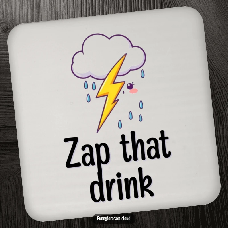 Funny kawaii lightning bolt zapping near a smiling cartoon rain cloud, featured on protective drink coasters.