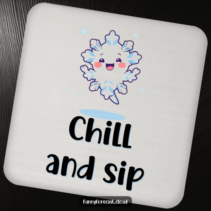 Funny kawaii snowflake character doing a happy dance, spinning in the air, on protective drink coasters.