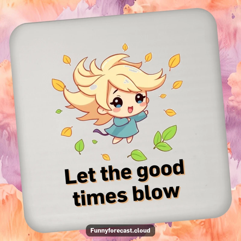 Funny kawaii wind character coasters, playfully swirling autumn leaves, charming and humorous table protection.