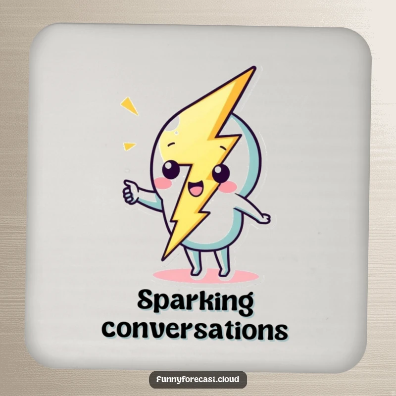 Funny cute lightning bolt character striking a whimsical zig-zag on a drink coaster, for surface protection.
