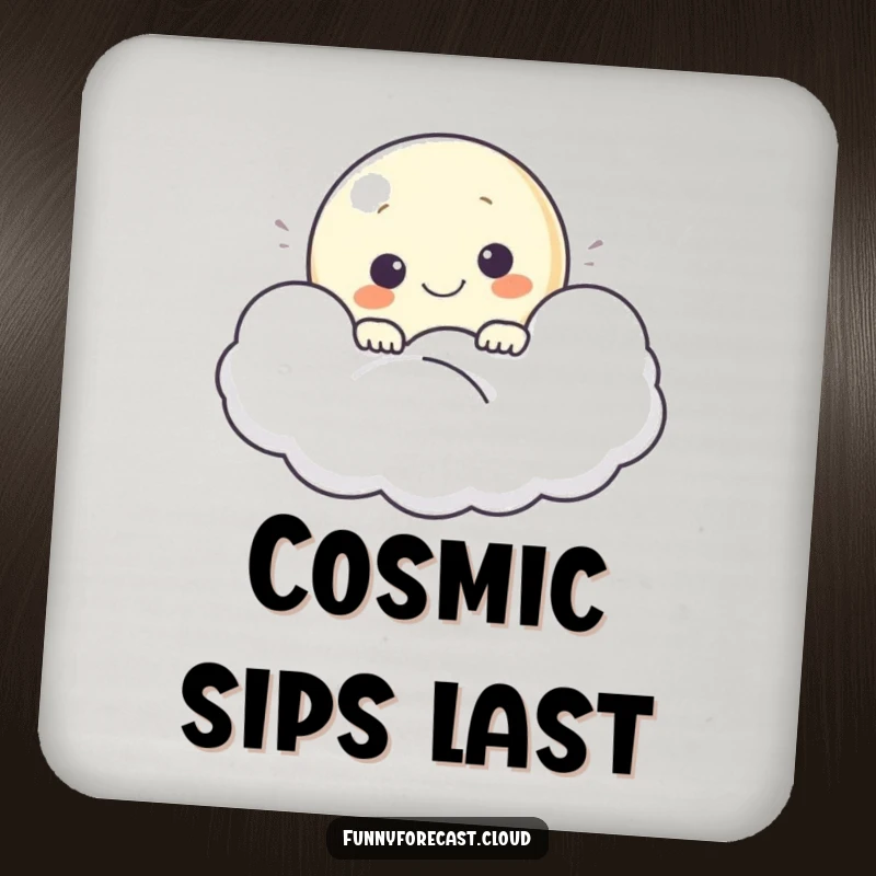 Funny drink coaster with a smiling moon peeking from a cloud, adding a gentle touch.