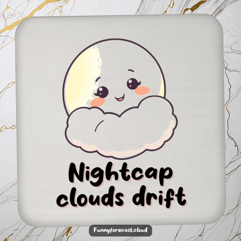 Funny moon smiling behind a soft cloud, a charming and humorous coaster design for drink protection.