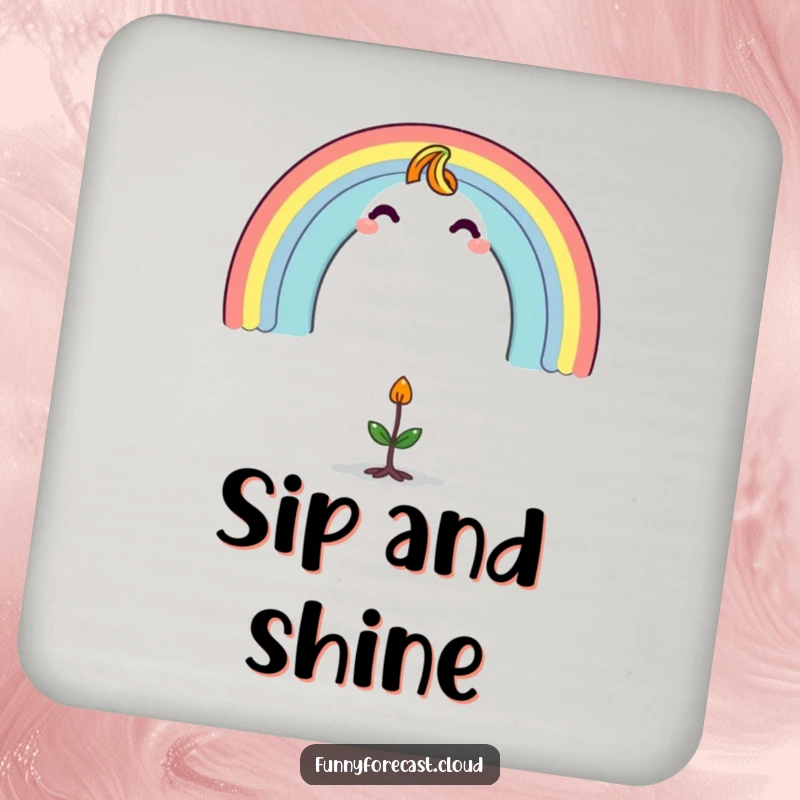 Funny drink coaster with a vibrant rainbow character arching over a tiny, surprised sprout, designed for stylish and humorous protection.