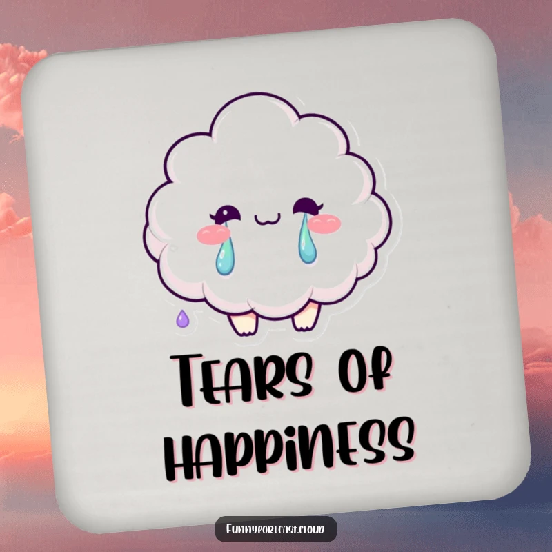 Funny drink coaster with a smiling fluffy cloud character crying vibrant rainbow tears, adding colorful decor.