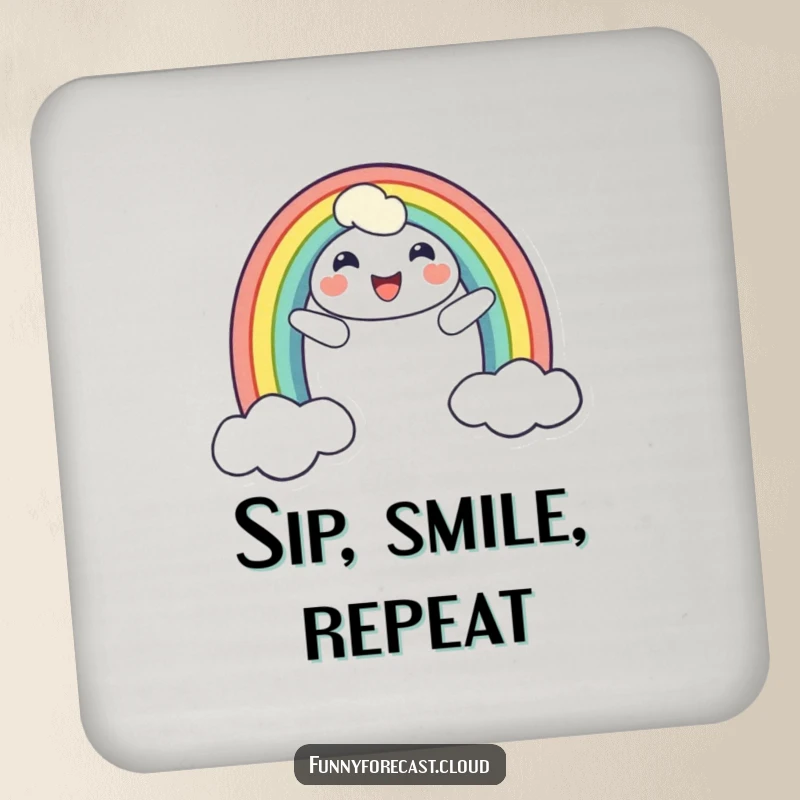 Funny drink coaster with a cheerful smiling rainbow character, perfect for protecting surfaces with a dose of bright and colorful humor.