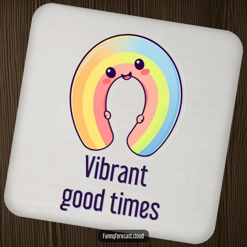 Funny cheerful kawaii rainbow character bending into a silly shape. A humorous and protective drink coaster.
