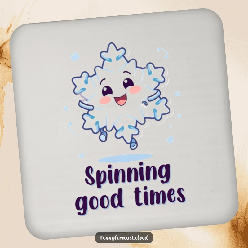 Funny drink coasters showcasing a dizzy, delighted snowflake character, protecting surfaces with a touch of winter's playful spirit.