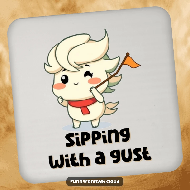 Funny drink coaster featuring a wind character with puffed cheeks merrily blowing a flag, perfect for table protection and funny gifts.