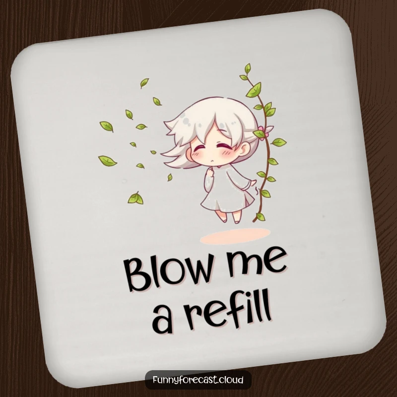 Funny drink coaster with a giggling wind character blowing leaves, for playful decor.