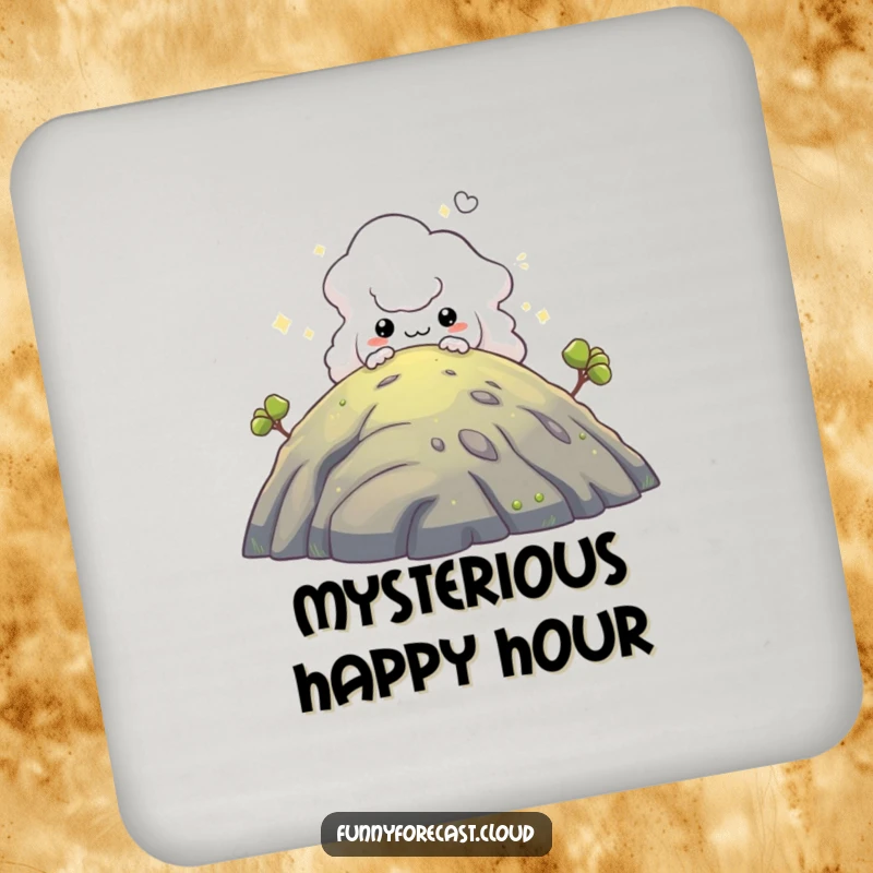 Funny coaster: A mischievous fog creature peeking from behind a hill, offering protective mystery.