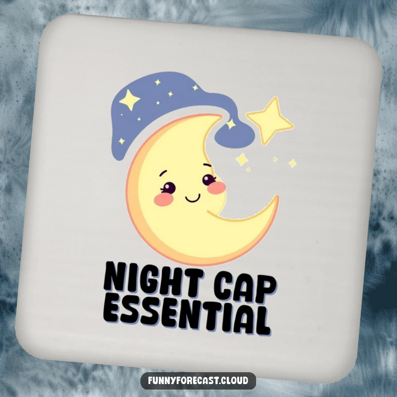 Funny winking crescent moon drink coasters, protecting tables with celestial charm and humor, perfect for parties, a funny gift.