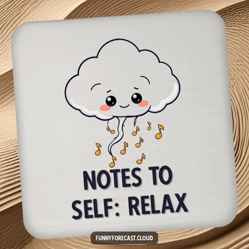 Funny kawaii thundercloud character coasters, releasing happy musical notes, humorous and melodic table protection.