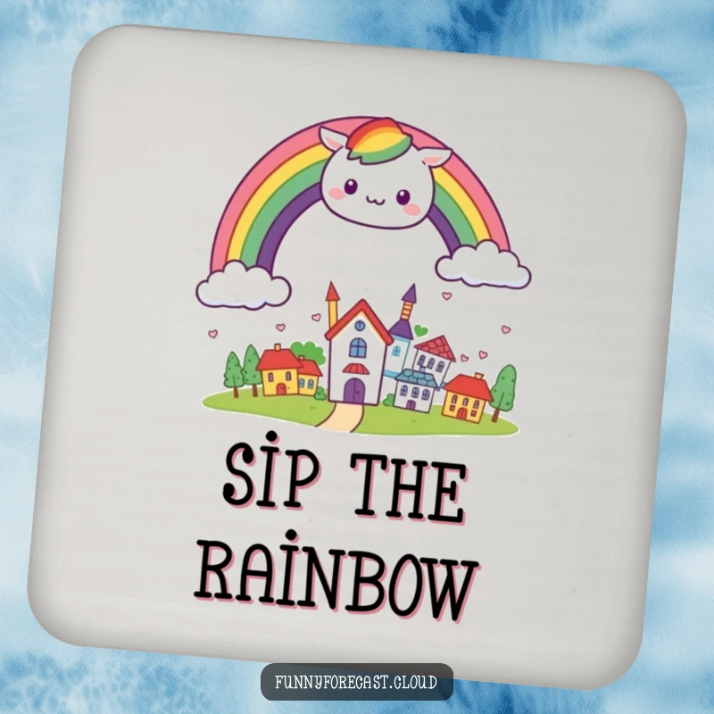 Funny kawaii rainbow arching cheerfully over a small, smiling town, featured on protective drink coasters.