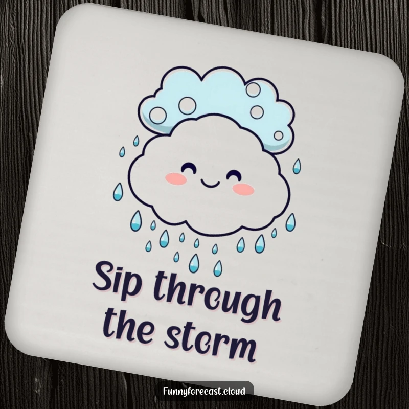 Funny coaster: A smiling cloud with dancing raindrops, offering cheerful protection for your surfaces.